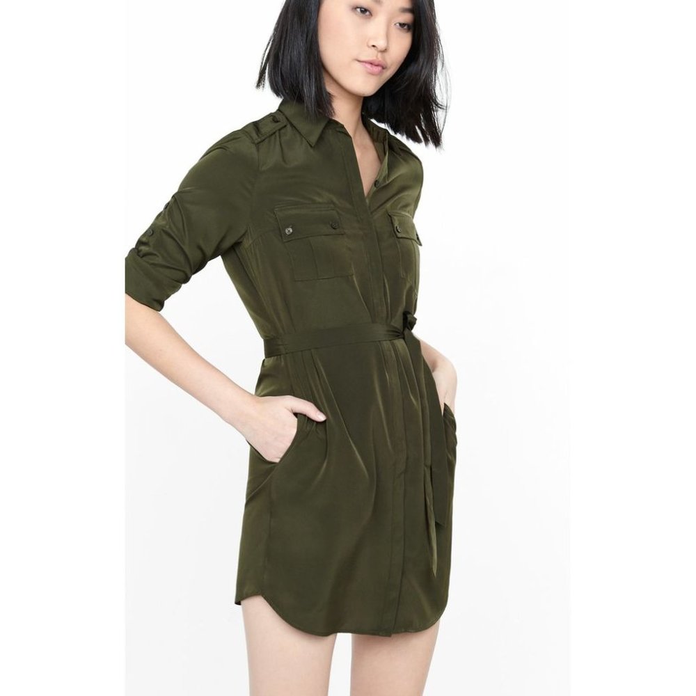 Express Olive Green Military Shirt Dress - Medium - Picture 2 of 10